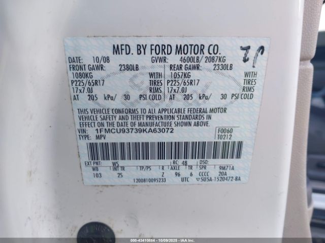 2009 FORD ESCAPE 1FMCU93739KA63072 Photo 8