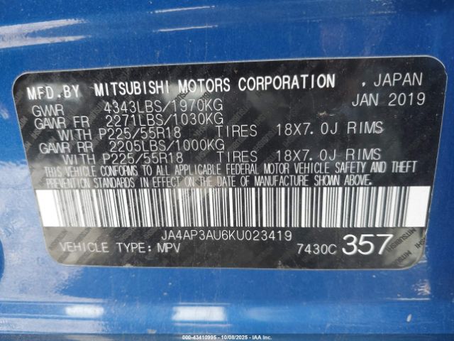 2019 MITSUBISHI OUTLANDER SPORT JA4AP3AU6KU023419 Photo 8