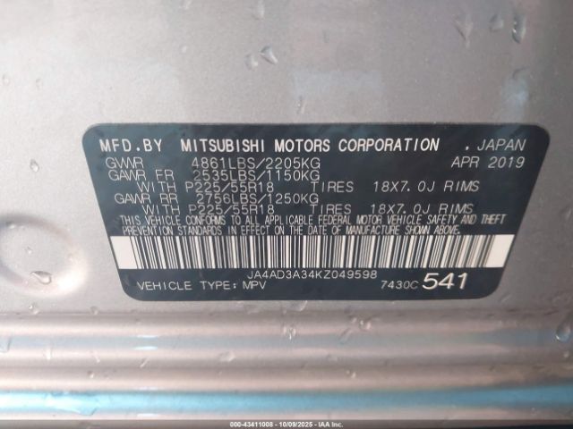 2019 MITSUBISHI OUTLANDER JA4AD3A34KZ049598 Photo 8