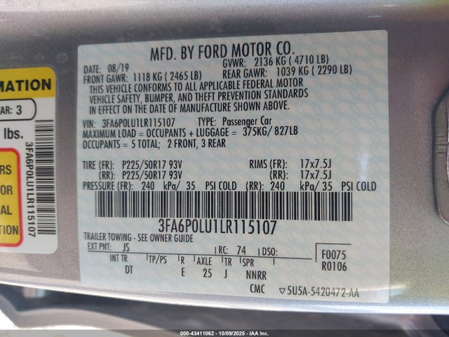 Ford Fusion Hybrid Se 2020 3FA6P0LU1LR115107 Image 9