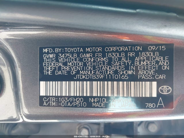 JTDKDTB39F1110165 Toyota 1nz-fxe+1lm