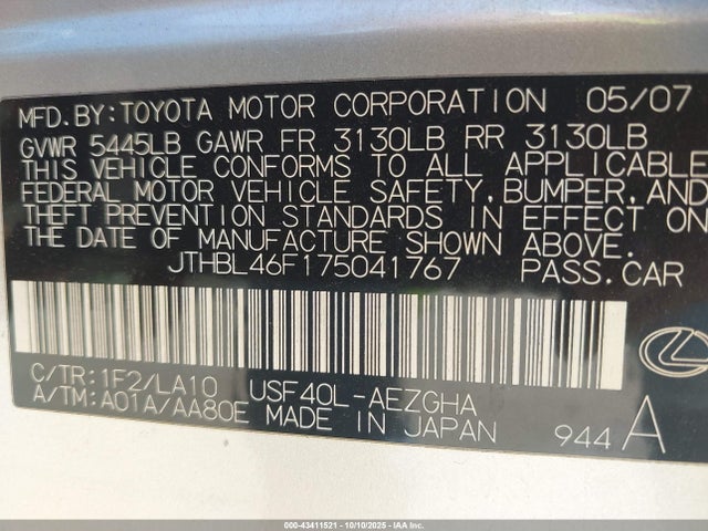 Aukcja sprzedaży 2007 Lexus Ls 460, vin: JTHBL46F175041767, numer aukcji: 43411521