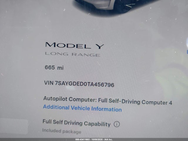 2026 Tesla Model Y Rwd მანქანა იყიდება აუქციონზე, vin: 7SAYGDED0TA456796, აუქციონის ნომერი: 43411683