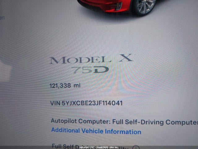 Продаж на аукціоні авто 2018 Tesla Model X 100d/75d/p100d, vin: 5YJXCBE23JF114041, номер лоту: 43411707