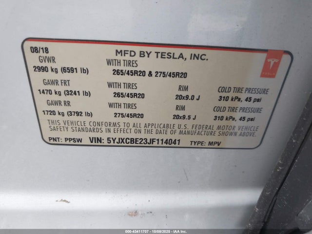Продаж на аукціоні авто 2018 Tesla Model X 100d/75d/p100d, vin: 5YJXCBE23JF114041, номер лоту: 43411707