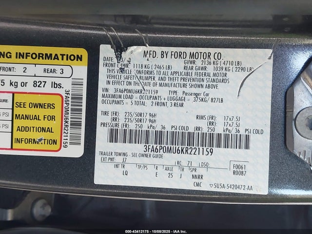 Ford Fusion 2019 3FA6P0MU6KR221159 Image 9