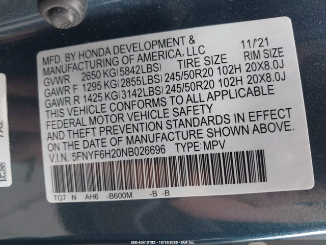 Honda j35y6 2022 5FNYF6H20NB026696 Image 9