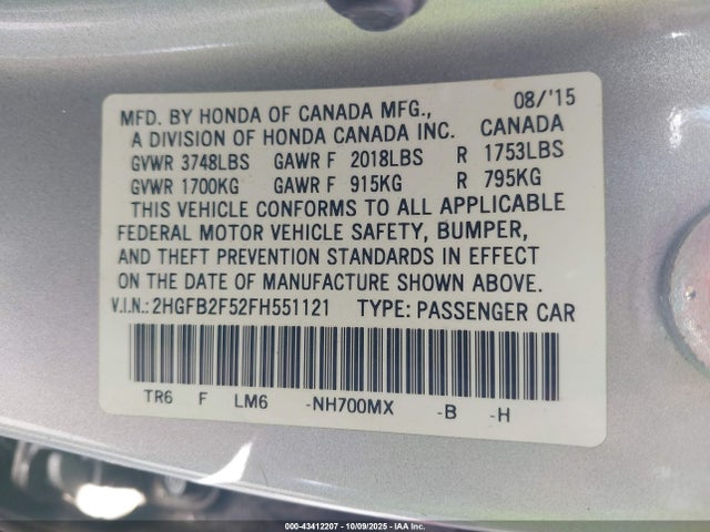 Honda r18z1 2015 2HGFB2F52FH551121 Image 9