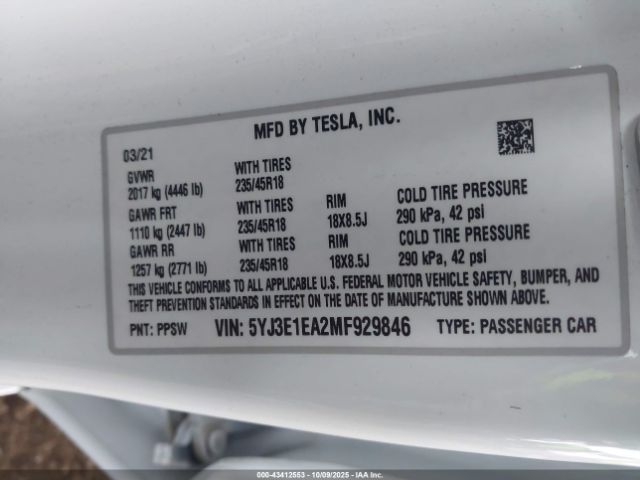 2021 TESLA MODEL 3 5YJ3E1EA2MF929846 Photo 8