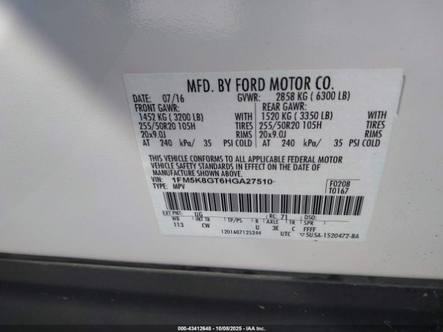 2017 FORD EXPLORER 1FM5K8GT6HGA27510 Photo 8