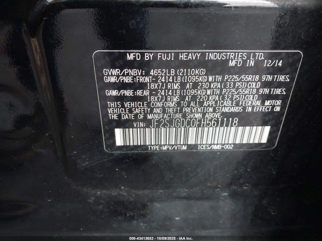 Subaru 2.0l turbo u4 2015 JF2SJGDC0FH561118 Image 9