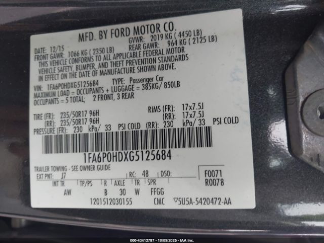2016 FORD FUSION 1FA6P0HDXG5125684 Photo 8