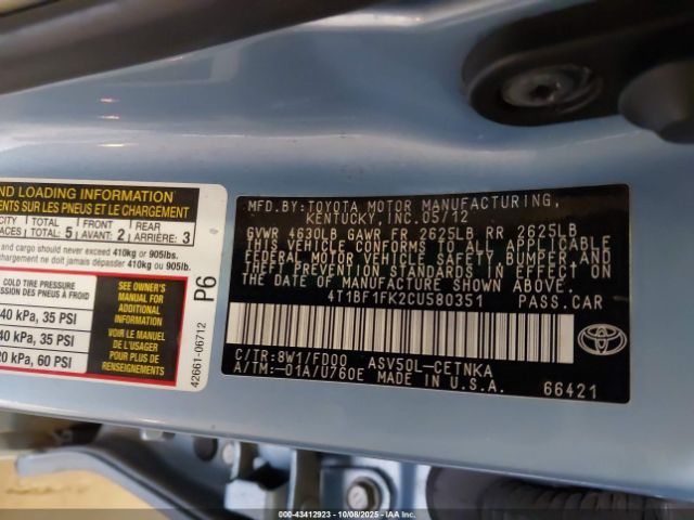 2012 TOYOTA CAMRY 4T1BF1FK2CU580351 Photo 8