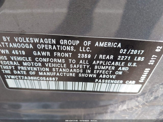 1VWCT7A36HC054867 Volkswagen Passat 1.8t Sel Premium