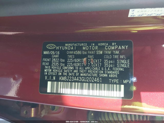 KM8J23A43GU202461 Hyundai 2016