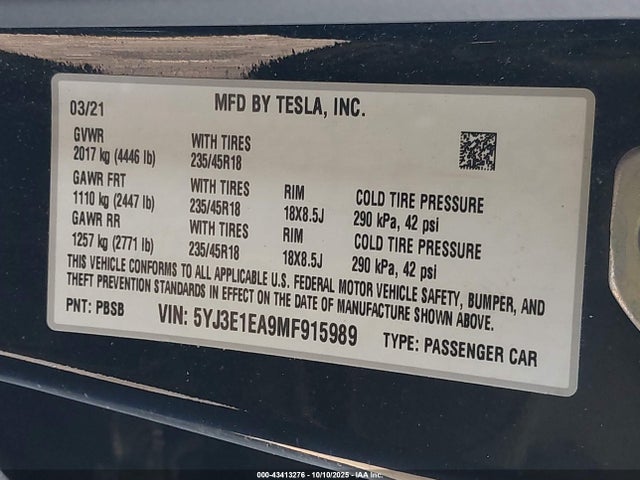 2021 TESLA MODEL 3 5YJ3E1EA9MF915989 Photo 8