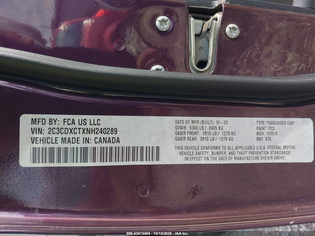 Продажа на аукционе авто 2022 Dodge Charger R/t, vin: 2C3CDXCTXNH240289, номер лота: 43413404