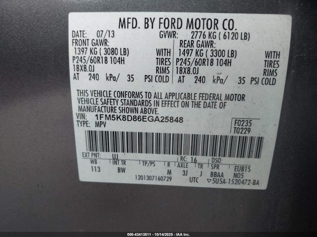 1FM5K8D86EGA25848 Ford 2014