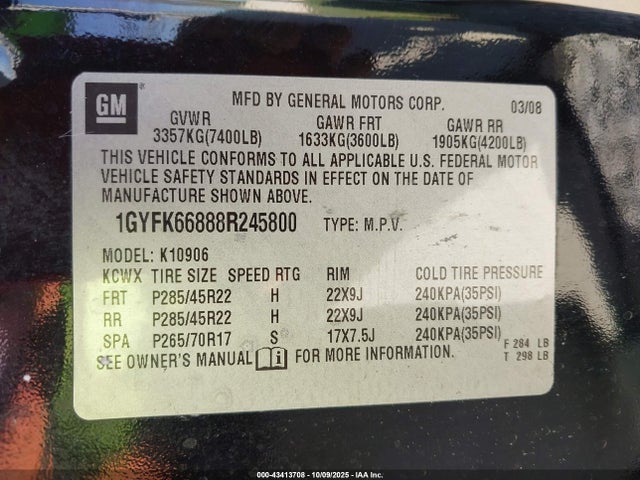 2008 CADILLAC ESCALADE ESV 1GYFK66888R245800 Photo 8
