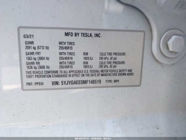 2021 TESLA MODEL Y 5YJYGAEE0MF148519 Photo 8
