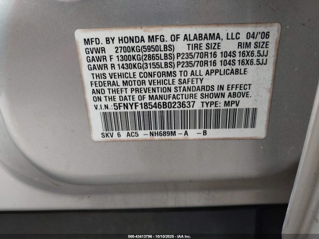 2006 HONDA PILOT 5FNYF18546B023637 Photo 8