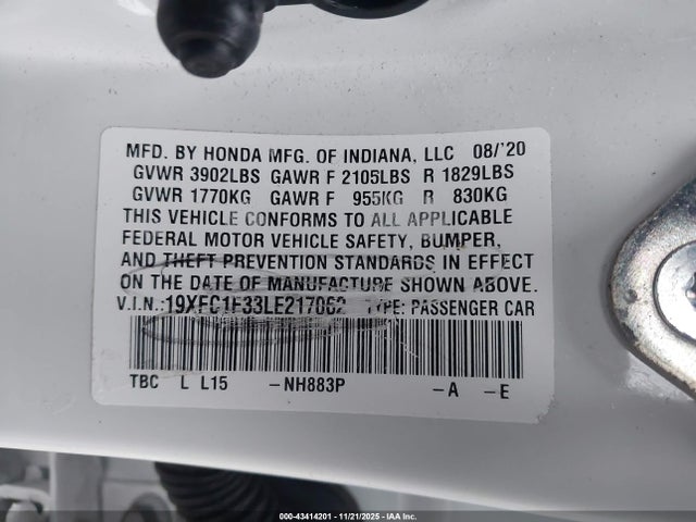 Продаж на аукціоні авто 2020 Honda Civic Ex, vin: 19XFC1F33LE217062, номер лоту: 43414201
