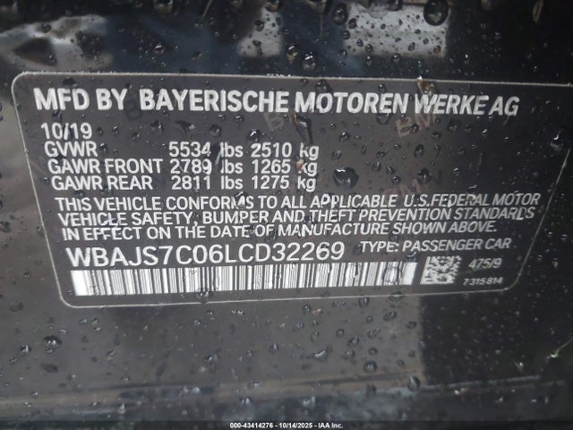 43414276 :رقم المزاد ، WBAJS7C06LCD32269 vin ، 2020 Bmw M550i Xdrive مزاد بيع
