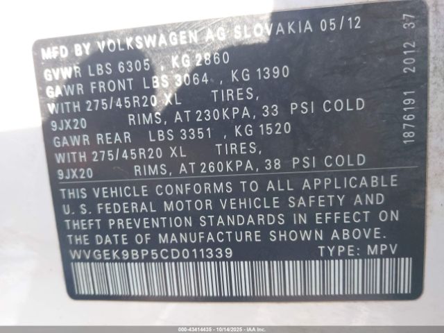 2012 VOLKSWAGEN TOUAREG WVGEK9BP5CD011339 Photo 8
