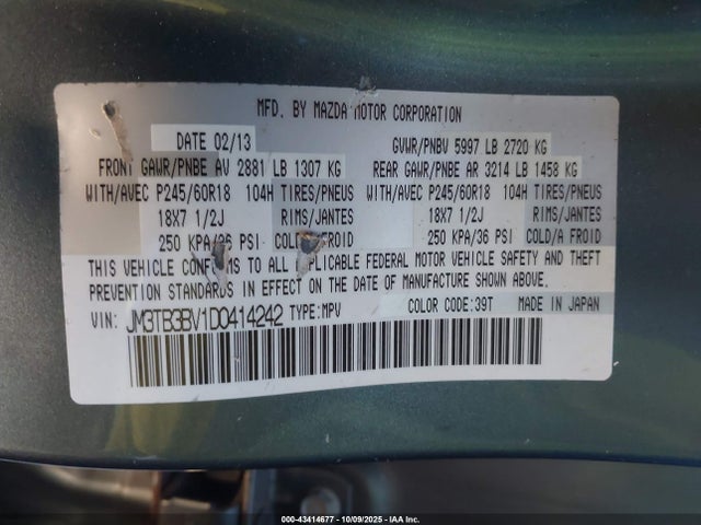 2013 Mazda Cx-9 Sport მანქანა იყიდება აუქციონზე, vin: JM3TB3BV1D0414242, აუქციონის ნომერი: 43414677