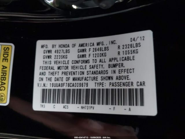2012 ACURA TL 19UUA9F78CA009679 Photo 8