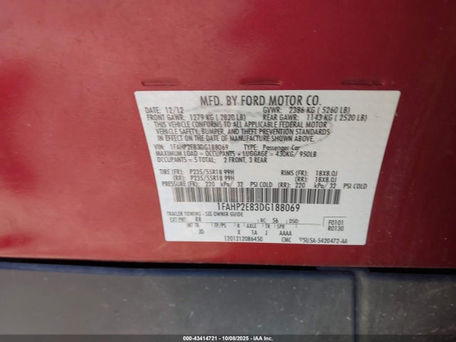 Aukcja sprzedaży 2013 Ford Taurus Sel, vin: 1FAHP2E83DG188069, numer aukcji: 43414721