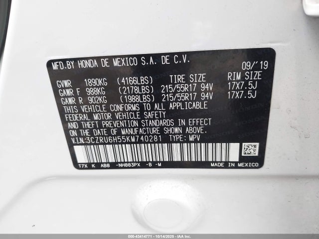 Aukcja sprzedaży 2019 Honda Hr-v Ex, vin: 3CZRU6H55KM740281, numer aukcji: 43414771