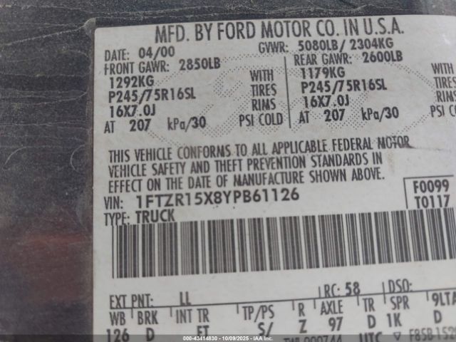 2000 FORD RANGER 1FTZR15X8YPB61126 Photo 8