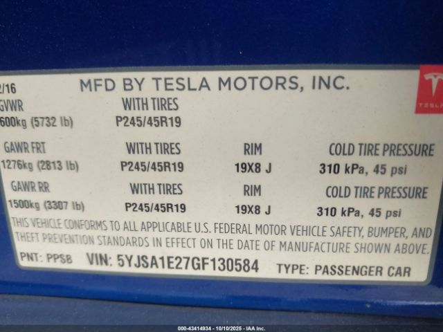 2016 TESLA MODEL S 5YJSA1E27GF130584 Photo 8