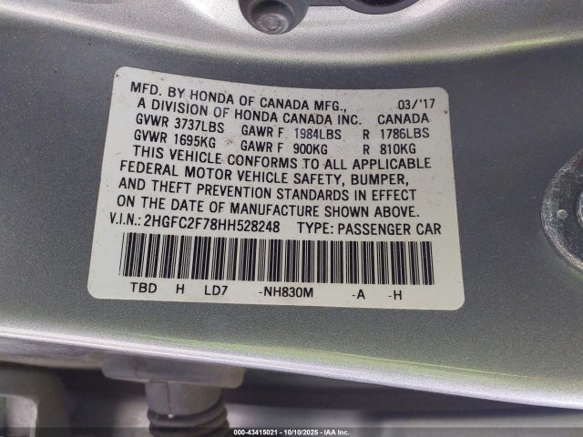 Продаж на аукціоні авто 2017 Honda Civic Ex, vin: 2HGFC2F78HH528248, номер лоту: 43415021