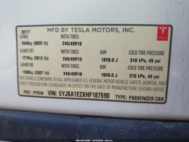 2017 TESLA MODEL S 5YJSA1E2XHF187590 Photo 8