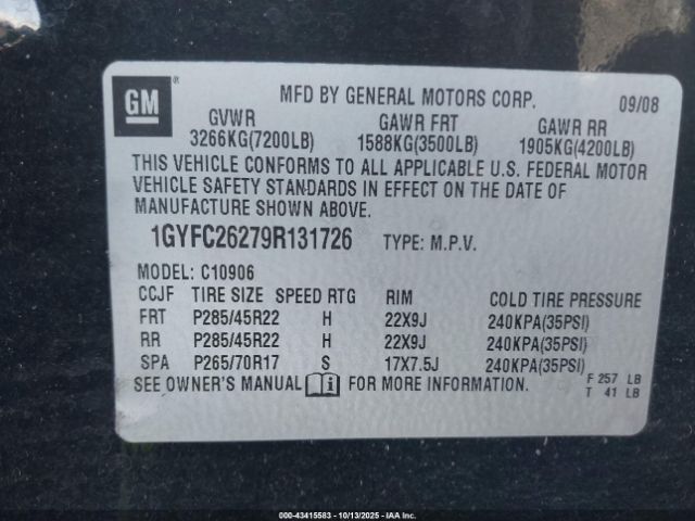 2009 CADILLAC ESCALADE ESV 1GYFC26279R131726 Photo 8
