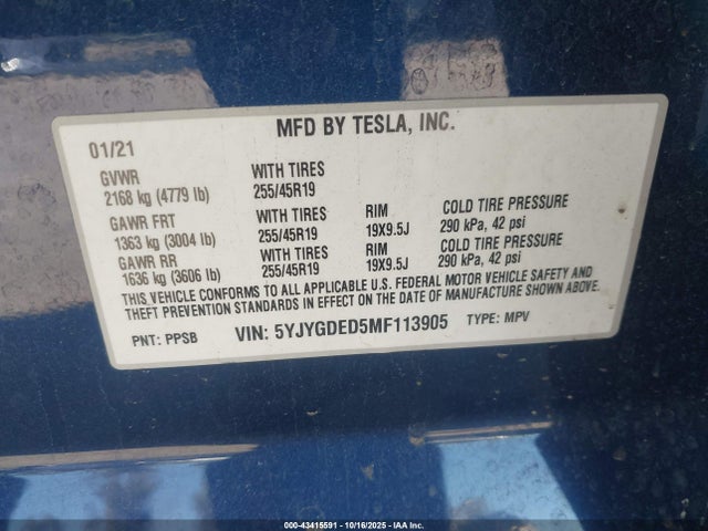 2021 TESLA MODEL Y 5YJYGDED5MF113905 Photo 8