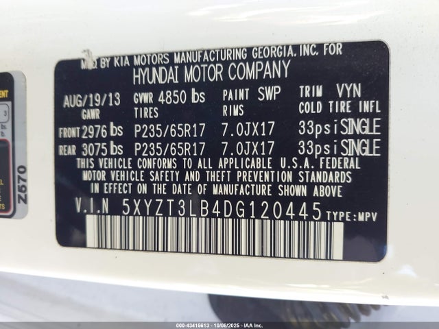 43415613 :رقم المزاد ، 5XYZT3LB4DG120445 vin ، 2013 Hyundai Santa Fe Sport مزاد بيع