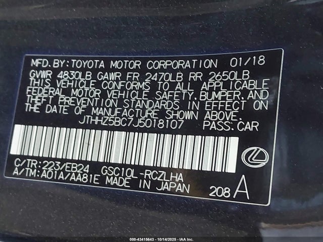 Aukcja sprzedaży 2018 Lexus Rc 350, vin: JTHHZ5BC7J5018107, numer aukcji: 43415643