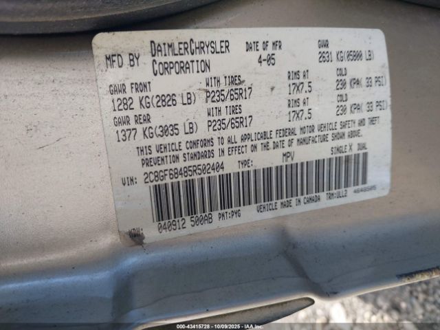 2005 CHRYSLER PACIFICA 2C8GF68485R502404 Photo 8