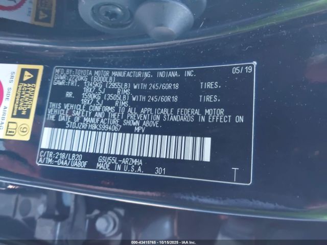 2019 TOYOTA HIGHLANDER 5TDJZRFH8KS994067 Photo 8