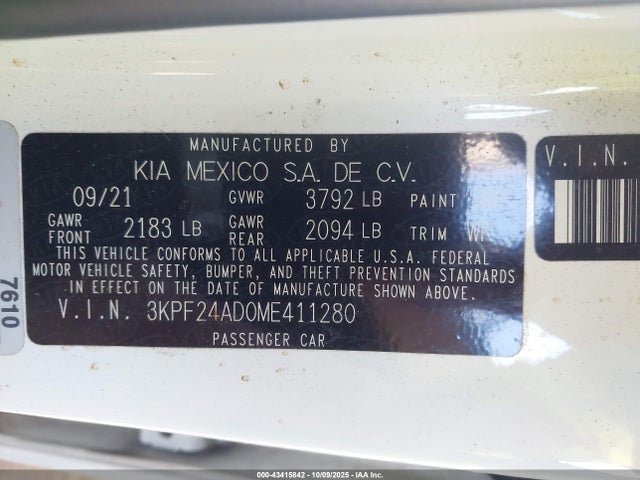 Aukcja sprzedaży 2021 Kia Forte Lxs, vin: 3KPF24AD0ME411280, numer aukcji: 43415842