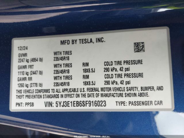 2025 TESLA MODEL 3 5YJ3E1EB6SF916023 Photo 8