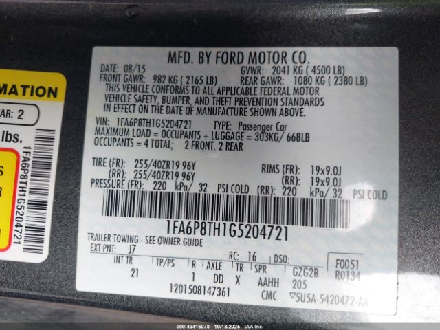 2016 FORD MUSTANG 1FA6P8TH1G5204721 Photo 8