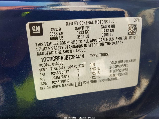 43416088 :رقم المزاد ، 1GCRCREA0BZ384414 vin ، 2011 Chevrolet Silverado 1500 Ls مزاد بيع