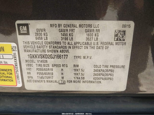 Aukcja sprzedaży 2016 Gmc Acadia Slt-2, vin: 1GKKVSKD2GJ166177, numer aukcji: 43416132