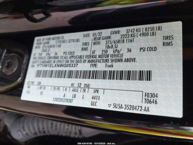 2022 FORD F-150 LIGHTNING 1FTVW1ELXNWG05337 Photo 8