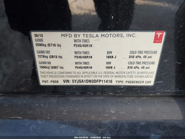 2013 TESLA MODEL S 5YJSA1DN0DFP11416 Photo 8