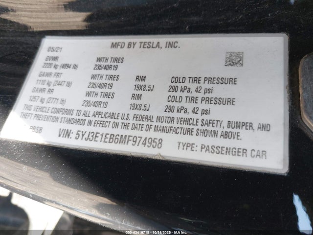 2021 TESLA MODEL 3 5YJ3E1EB6MF974958 Photo 8